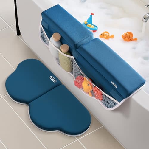 Roslim Bath Kneeler and Elbow Rest Pad Set - Non-Slip Knee& Arm Support Bathtub Mat with Organizer Pockets, Quick Drying, Foldable, Non-Slip Kneeling Pad for Parents, Blue