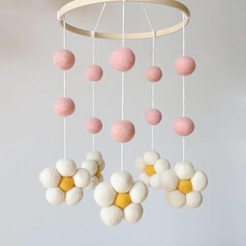 Daisy Mobile for Crib Boho Baby Crib Mobile for Girls Pink Felt Flower Baby Mobile for Crib