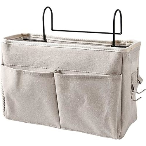 flexman Nightstand Hanging Bag, Hook Design Bedside Storage Pocket Organizer Basket with Metal Bracket and Wear Resistant Fabric for Kitchen Wardrobe Doors, Hanging Rods(White)