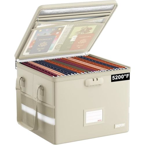 ENGPOW 5200°F File Box Fireproof Document Box with Lock,Heat Insulated Collapsible File Storage Organizer Box with Handle,Portable Home Office File Cabinet for Hanging Letter/Legal Size Folder, Beige