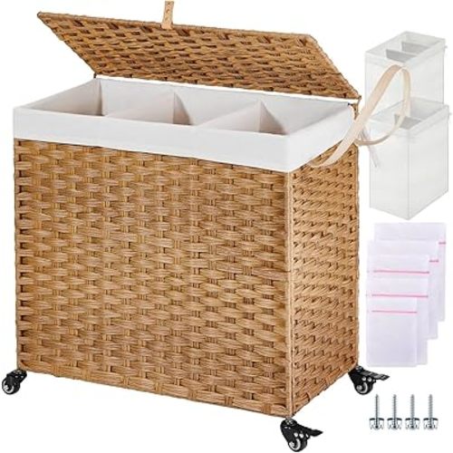 Greenstell Laundry Hamper with Wheels&Lid, 130L Large 3 Sections Clothes Hamper with 2 Types Removable Liner Bags, 5 Mesh Laundry Bags, Handwoven Divided Laundry Basket for Clothes, Natural
