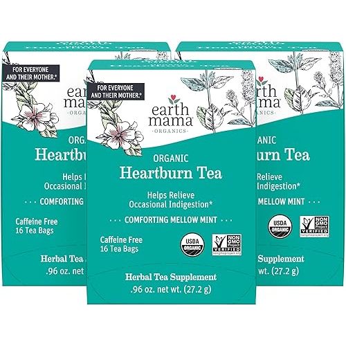 Earth Mama Organic Heartburn Tea | Pregnancy-Safe Soothing Herbal Blend with Marshmallow Root, Lemon Balm & Chamomile, 16 Teabags Per Box (3-Pack)