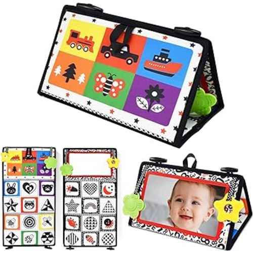 Dr.Rapeti Tummy Time Floor Mirror for Baby Infant Toddler Kids Black and White High Contrast Baby Toy with Teethers Floor Activity Toy Washable Non-Toxic