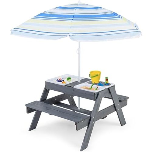 HONEY JOY Kids Picnic Table, 4 in 1 Cedar Wooden Sand & Water Table w/ 3 Removable Box & Umbrella, Kids Picnic Tables for Outdoors Backyard Garden, Toddler Patio Furniture Set for Boys Girls(Gray)