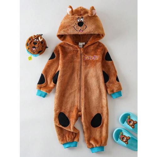 SCOOBY-DOO X SHEIN Baby Boy Cute Cartoon Puppy Embroidered 3D Ear Hooded Long Sleeve Zipper Front Comfortable Flannel Jumpsuit Baby Boy Clothes Brown Baby Animal Clothes Mocha Baby Clothes Baby Cartoon Clothes | SHEIN EUR