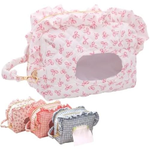 Diaper and Wipes Pouch, Double-Layer Quilted Organizer with Clip (Bow)