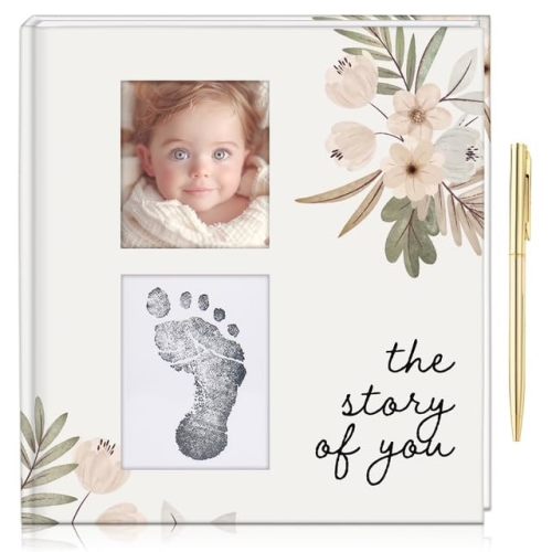 Elegant Baby Memory Book – "The Story of You" – 110 Pages, Two Photo Slots, Floral Design, Full-Color Printing, Lay Flat Binding, Gold Pen & White Ribbon – Keepsake Journal for Baby’s First Years
