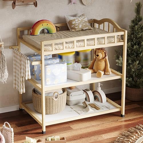 Paintless Pine Wood Baby Changing Table with Storage Shelves, Portable Nursery Diaper Changing Station for Infants, Children's Room, Bedroom, Nursery Changing & Dressing Furniture,Natural