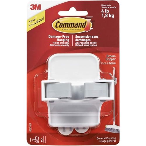 Command Broom and Mop Grippers Wall Hook, Damage Free Hanging Wall Mount Broom and Mop Holder, No Tools Household Cleaning Organizer for Living Spaces, 1 Hanger and 2 Command Strips