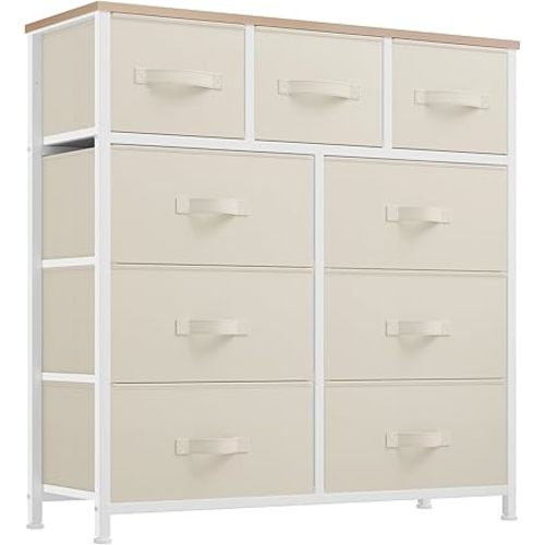 YITAHOME Dresser with 9 Drawers - Fabric Storage Tower, Organizer Unit for Living Room, Hallway, Closets - Sturdy Steel Frame, Wooden Top & Easy Pull Fabric Bins (Cream White)
