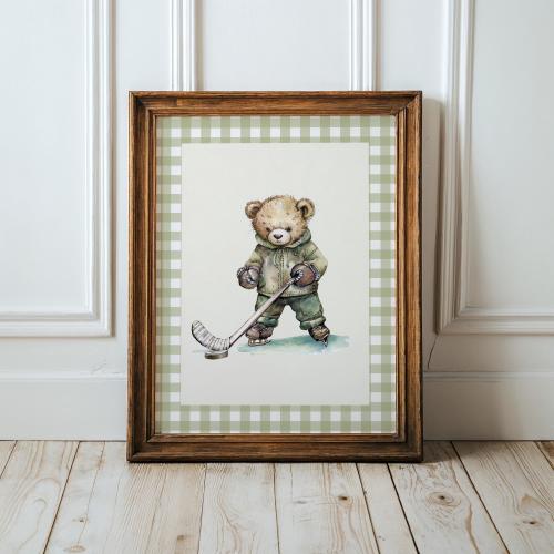 Vintage Teddy Bear Wall Art Ice Hockey Gingham Nursery Print ∙ 1896