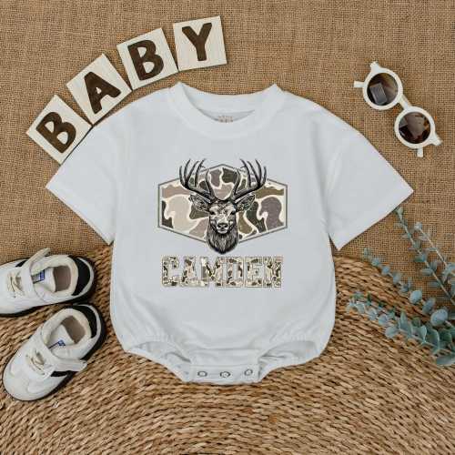 Personalized Camo Deer Hunting Bubble Romper, Custom Baby Boy Hunting Bodysuit, Camo Infant Clothes, Boy Toddler Shirt, Baby Shower Gift