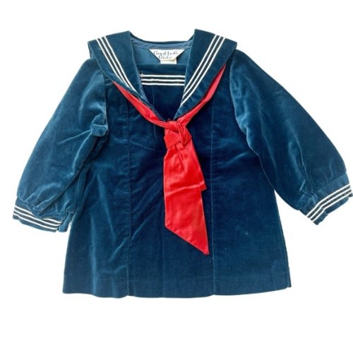 VTG Baby Toddler Navy Blue Velour Sailor Suit Dress One Piece 24 months