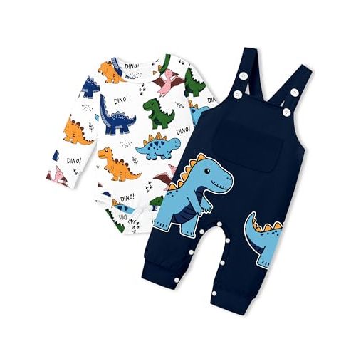 BAVADER Baby Boy Clothes Infant Dinosaur Romper Overalls 2PCS Clothing Set | Infant Boy Clothes Long Sleeve Baby Bodysuit Adjustable Overalls Baby Boys' Clothing Sets Dinosaur Fall Winter Outfits