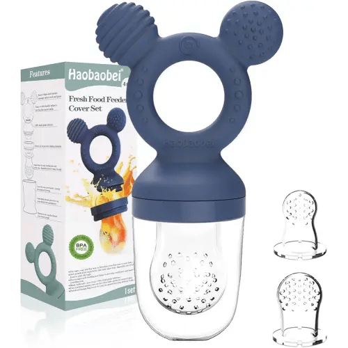 Baby Fruit Feeder, Frozen Teething Toys, Infants Teether Pacifier with 3 Extra Teats, Toddler Eating Essentials, BPA Free Feeding Supplies (Steel Blue)