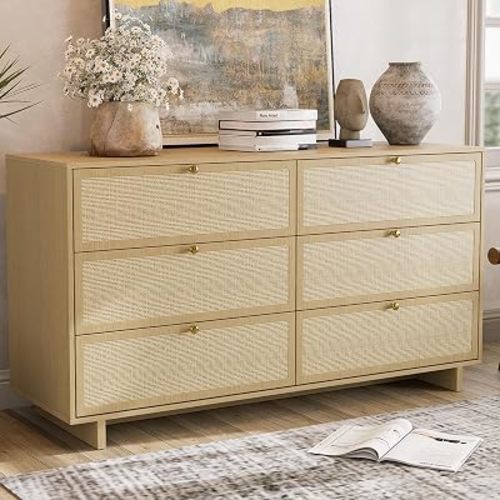 6 Drawer Dresser for Bedroom, 57in Wide Rattan Dresser, Boho Chest of Drawers, Wooden Chest with Clothes Storage Cabinet, Drawer Organizer for Bedroom, Living Room, Hallway, Natural Oak