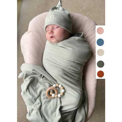 Ribbed Knit Swaddle Blanket, Newborn Baby Swaddle and Hat Set, Knit Headband, Stretchy Baby Wrap, Personalized Baby Hat
