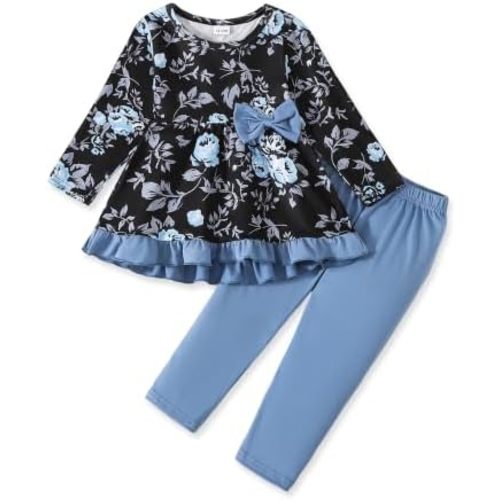 Toddler Girl Clothes 1-6Y Girls Fall Winter Outfits 2 Piece Ruffle Sleeve Top Flower Legging Printed Pants Set