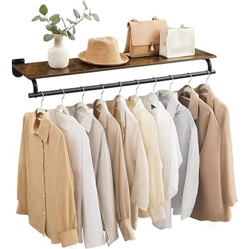 SONGMICS Clothes Rack with Top Shelf, Wall Mounted Clothing Rack, with Hanging Rod, Loads up to 77 lb, 11 x 42.9 x 5.2 Inches, Entryway, Bedroom, Closet, Rustic Brown and Ink Black UHSR135B01