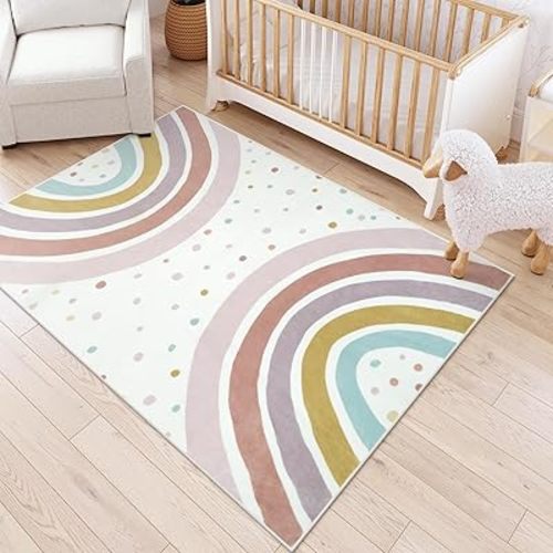 STARUIA Boho Rainbow Rug for Girls Bedroom, Large Area Rug 5x7 Washable Kids Rugs for Playroom Tent Castle, Non-Slip Soft Play Mat Carpet Nursery Rugs for Kid Room Classroom Dorm