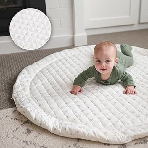 Round Baby Play Mat for Floor, 43" Reversible Tummy Time & Crawling Mat, Soft Cushioned Cotton Baby Playmat, Foldable & Machine Washable Activity Mat for Newborn to Toddler, Neutral Nursery & Playroom