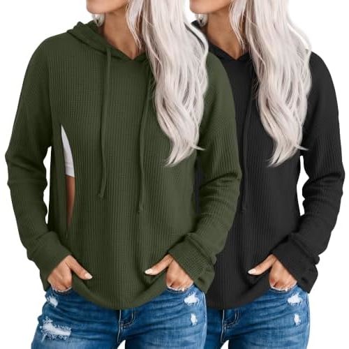Ficerd 2 Pack Women's Nursing Waffle Hoodies Breastfeeding Tops