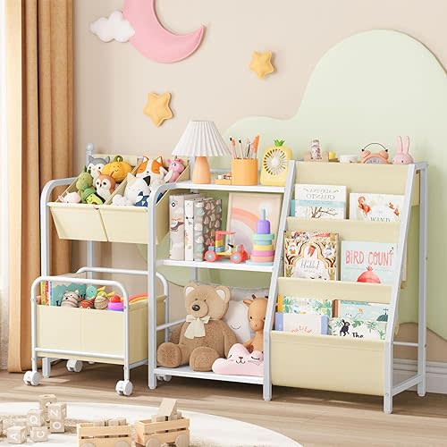 Snughome Kids Bookshelf and Toy Storage Organizer, 4 in 1 Book Shelf for Kids Rooms, Nursery, Sling Baby Toddler Bookshelf with Movable Toy Cart and 2 Toy Bins, Nursery Bookcase