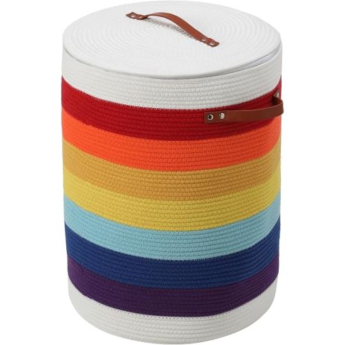 Cottonphant Extra Large Cotton Rope Storage Basket with Lid and Zipper, Versatile Laundry Hamper and Cloth Bin for Clothes, Towels, Blankets, Living Room Organization (Rainbow/White, 16"x20")
