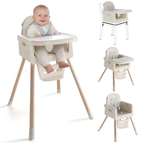 EverKiddo Baby High Chair for 6 Months+, Foldable High Chairs for Babies and Toddlers, Convertible Toddler Chair, Adjustable Tray & Footrest, Lightweight, Stable & Easy to Clean(White with Wood Grain)