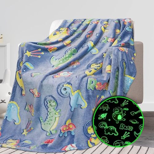 REXEO Glow in The Dark Blanket Dinosaur Gifts Toys for Boys Birthday Gifts for Kids 1 2 3 4 5 6 7 8 9 10 Year Old Kids Blanket Glowing Dinosaur Room Decor Blankets for Toddler