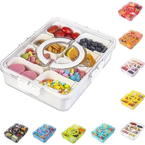 Patent Design Ribbed Snackle Box Container Snack Container Divided Serving Tray with Lid and Handle, 8 Divider Portable Snacklebox for Travel Beach for Charcuterie Veggie Fruit Candy,1 Pack