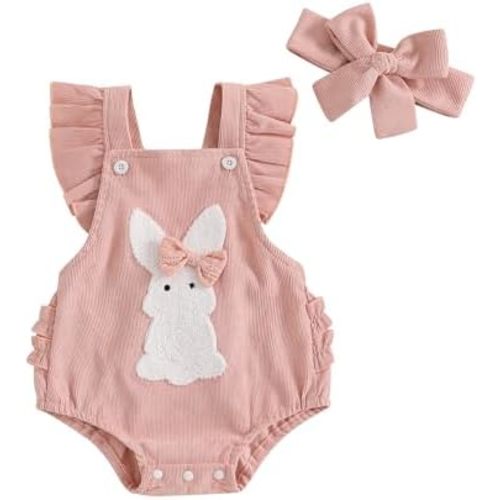 Newborn Baby Girl Easter Outfit Bunny Carrot Embroidery Ruffle Sleeve Romper Bodysuit Jumpsuit with Headband Outfit