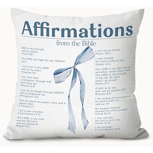 Coquette Blue Bow Christian Pillow Covers 18x18, Preppy Blue Religious Bible Verse Inspirational Affirmations Decorative Throw Pillow Covers Pillowcases for Girly Room Bedroom Dorm Decor