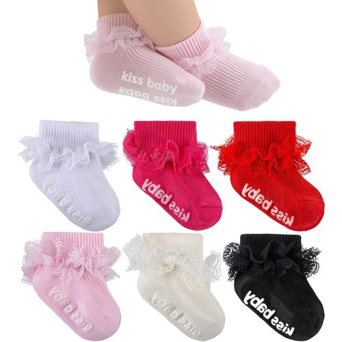 Baby Girl Ruffle Socks with Grips Turn Cuff Ankle Lace Frilly Dress Socks for Newborn/Infant/Toddler/Little Kids