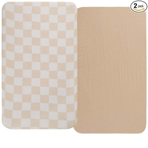 Onacosht Muslin Bassinet Sheets 2 Pack, 35"x20", Checker and Oatmeal