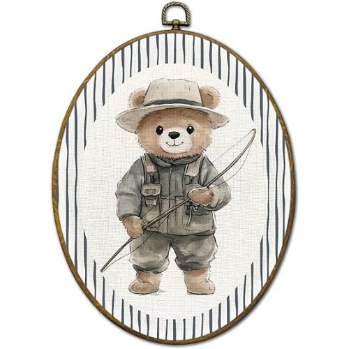 QZQE Bear Nursery Fishing Nursery Oval Wall Art Decor Framed, Bear Fishing Oval Canvas Prints, Blue Striped Wild Animal Nursery Wall Hanging Decor for Kids Boys Room Bedroom Playroom, 8.6x11.4 Inch