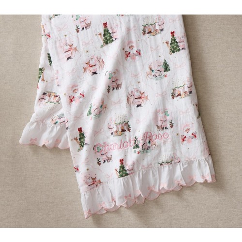 Blush Holly Jolly Santa Ruffled Oversized Organic Muslin Baby Blanket