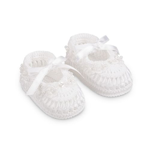 Pearl Ribbon Crochet Bootie- White