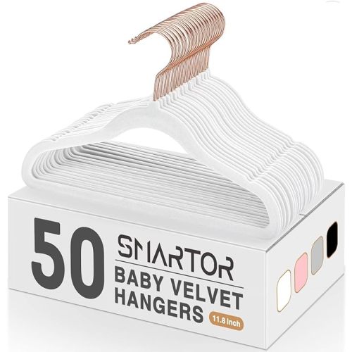 Smartor 11.8" Premium Baby Hangers Velvet for Closet 50 Pack, Durable Kids Felt Hangers Non Slip for Toddler, Baby Clothes Hangers for Childrens on Closet Storage (Rose Gold Hook)- White