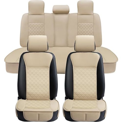 Elantrip Car Seat Cover Full Set Leather Car Seat Protector Universal fit for Most Cars SUVs and Trucks Water Proof Front and Rear Seat Protector Beige