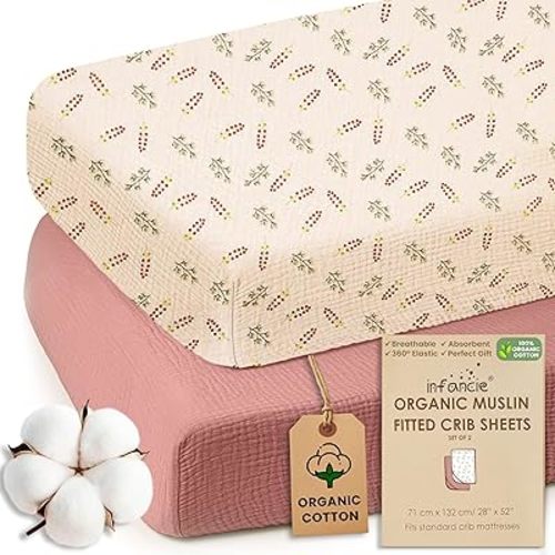 100% Organic Cotton Muslin Crib Sheets (Set of 2) – Soft & Breathable Fitted Sheets for Boys and Girls, Neutral Colors – Fits Standard Baby Crib Mattress (28 x 52 Inches) Rust/Floral
