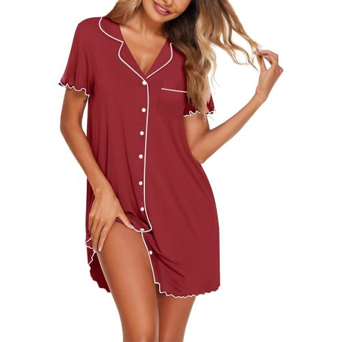 Ekouaer Nightgowns for Women Button Down Sleep Shirt Short Sleeve NightShirts Boyfriend Sleepdress Soft Pajama Dress
