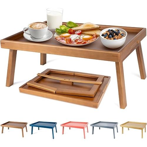 Large Bed Table Tray with Support Bar and Foldable Legs, Bamboo Breakfast Food Trays Table for Bed Sofa Eating and Laptops, TV Lap Tray Table on Couch (Applied for Invention Patent)