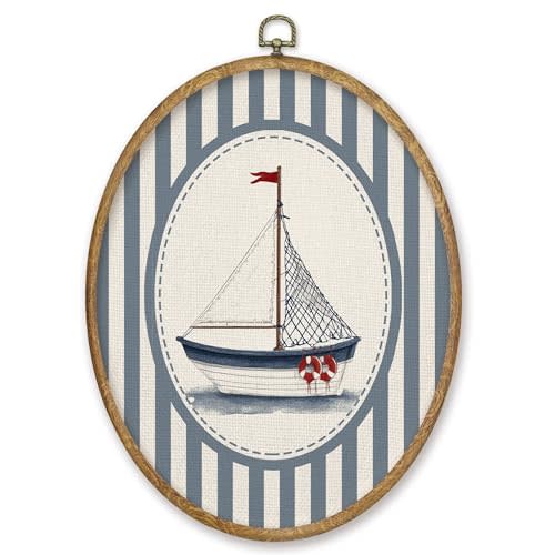 CGBHW Coastal Sailboat Nautical Nursery Oval Wall Art Decor, Kids Room Canvas Prints Framed, Ocean Beach Sailboat Blue Striped Wall Art Hanging Decor for Home Kitchen Kids Boys Nursery Room Bedroom, 8.6x11.4 Inch