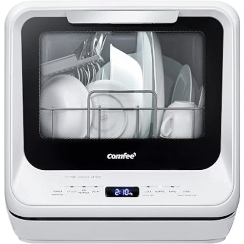 COMFEE' Portable Dishwasher Countertop with 5L Built-in Water Tank, No Hookup Needed, 6 Programs, 360° Dual Spray, 192℉ High-Temp& Air-Dry Function, Mini Dishwasher for RVs, White