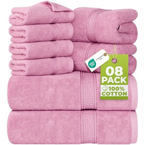 Utopia Towels 8 Piece Luxury Towel Set – Majestic Plush, Super Absorbent & Quicker-to-Dry, Thick 100% Ring Spun Cotton Towels for Bathroom, Spa & Hotel – 2 Bath, 2 Hand, 4 Washcloths, Pink