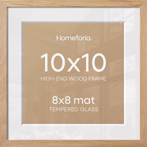 Homeforia 10x10 Picture Frame Wood, High-End Natural Oak 10 x 10 Thin Square Poster Frames with Mat 8 by 8 inch Photo, 10by10 Light Wooden Frame Matted to 8x8 Print, Tempered Glass, Wall Kit, Set of 1