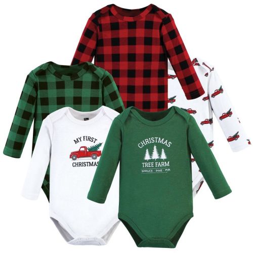 Hudson Baby Basics Infant Baby Cozy Long Sleeve Bodysuits 5-Pack, Holiday Evergreen, 0-3 Months