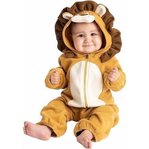 Cuddle Club One Piece Romper Hooded Fleece Onesie Jumper for Baby, Lion Brown 0-3 Mos