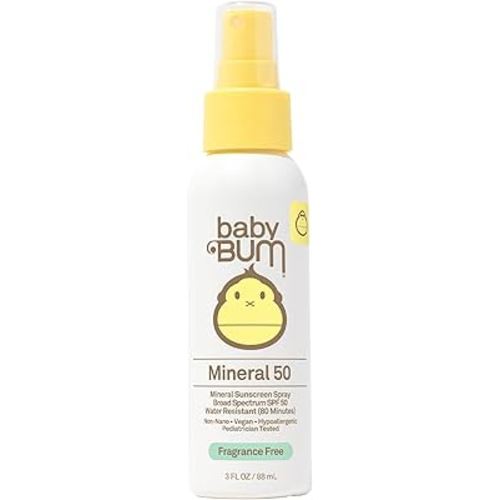 Baby Bum SPF 50 Sunscreen Spray - Mineral UVA/UVB Face and Body Protection for Sensitive Skin - Fragrance Free - Travel Size - 3 oz
